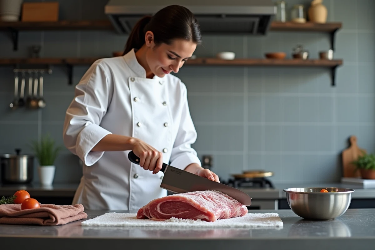 Femme chef découpant un filet de porc congelé au couperet sur une table en inox dans une cuisine professionnelle
