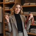 Femme comparant une ceinture en cuir et un foulard en soie dans une boutique de mode organisée